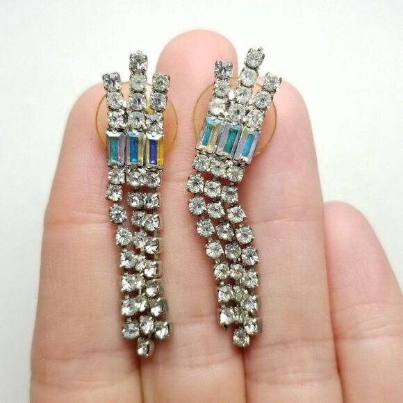 Vintage Rhinestone Fringe Dangle Stud Earrings, Retro Sparkle Fancy Formal - Picture 5 of 5